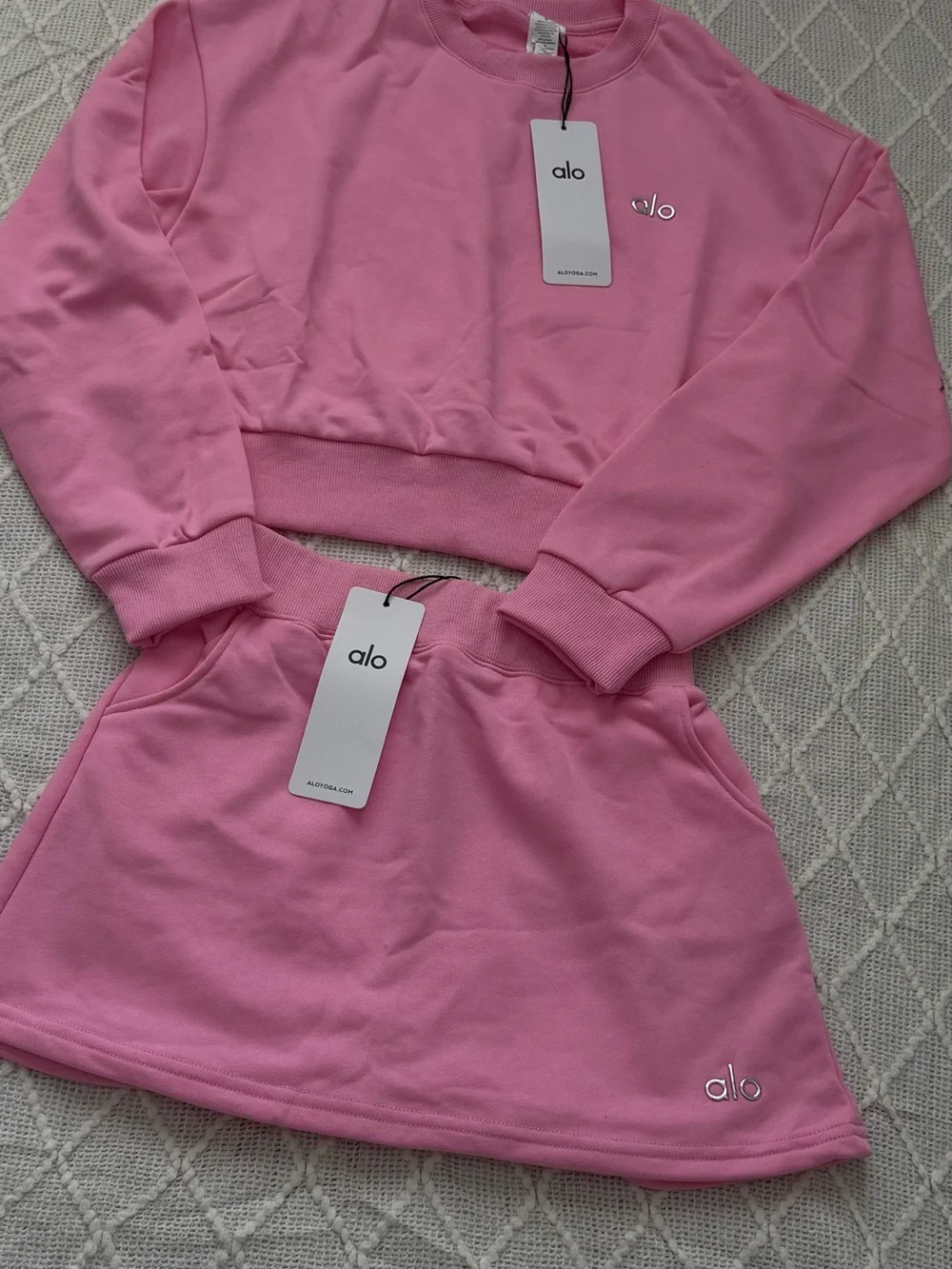 ALO Yoga Girls Pink Cropped Sweatshirt and Matching Skirt Set